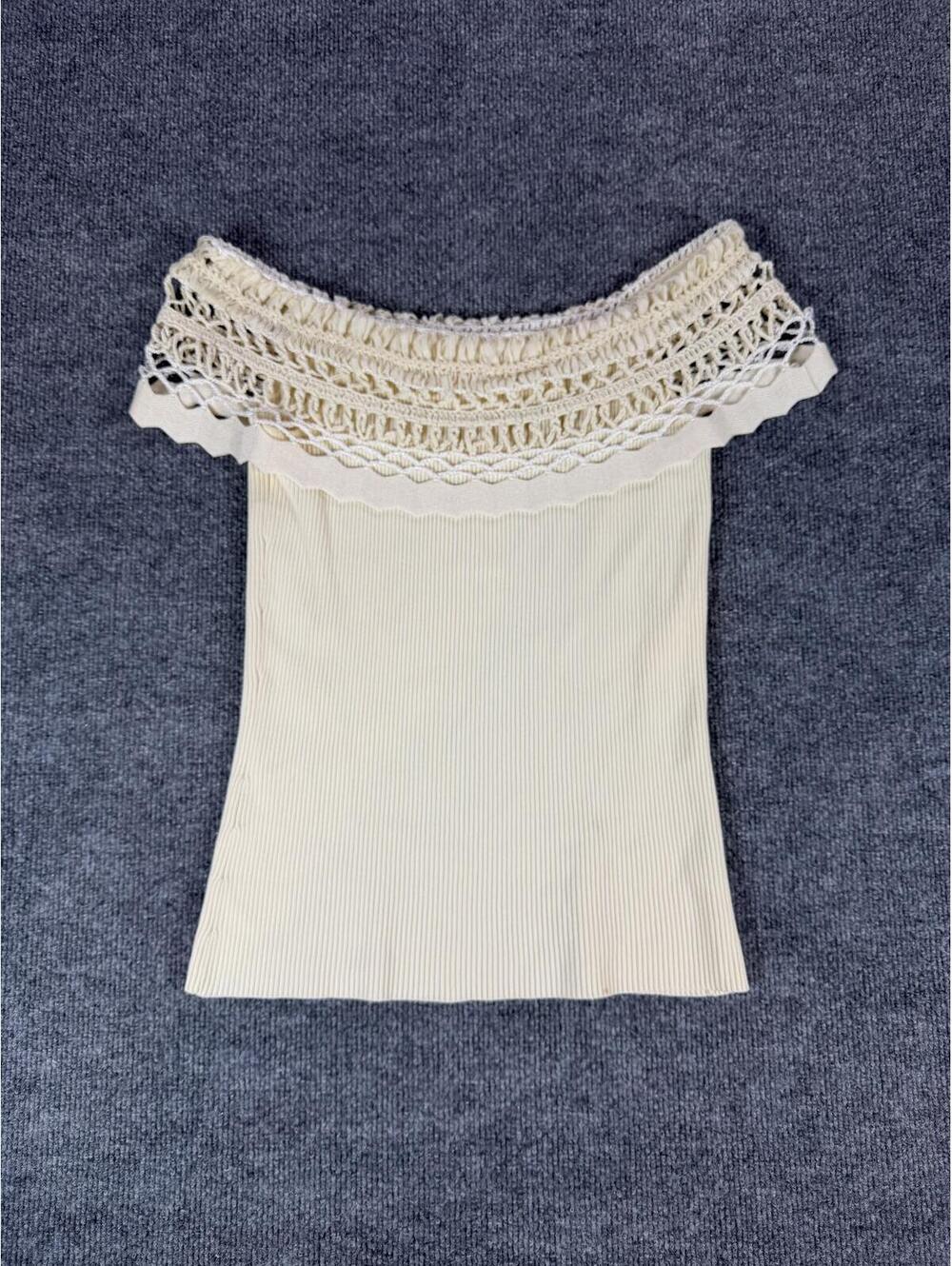 White House Black Market Cream Off-Shoulder Knit Crochet Top Size L Summer